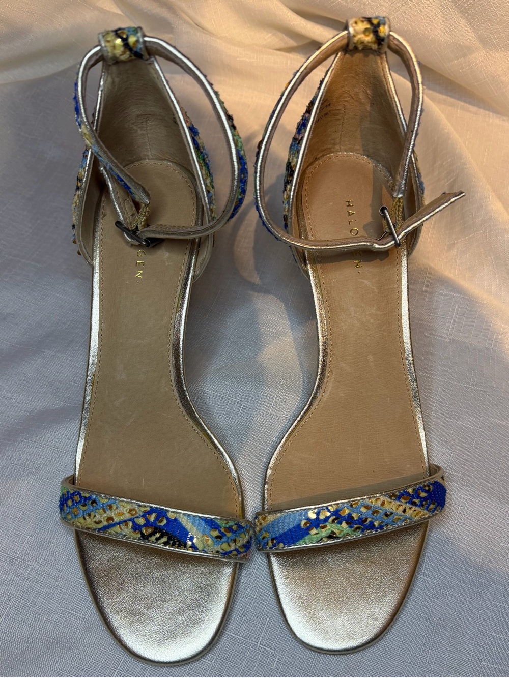 Halogen Gold Ankle-Strap Sandals with Blue Patterned Front